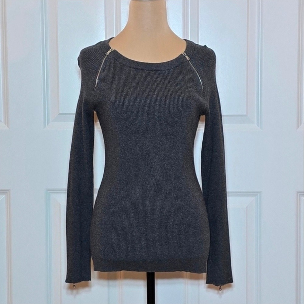 INC International Concepts Charcoal Grey Ribbed Zipper Accent Sweater Womens M